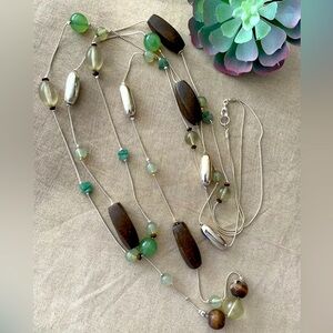 Long Boho Two Strand Necklace Wood Aventurine Acrylic Beads